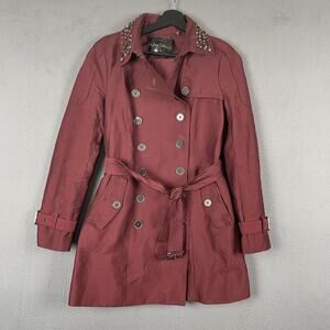 Sam Edelman Jacket Womens Small Burgundy Studded Trench Coat Belted Spiked